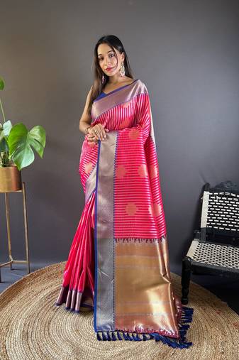 Faux banarasi silk saree with weaving silver & gold zari border