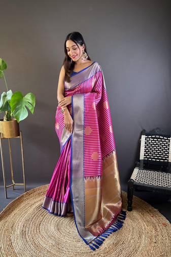 Faux banarasi silk saree with weaving silver & gold zari border