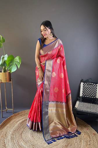 Faux banarasi silk saree with weaving silver & gold zari border