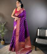  silk saree with golden zari weaving meenakari peacock design