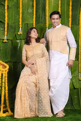 Vision in white-saree & kurta-dhoti couple set 3