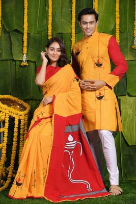 Aguner porosmoni- diya applique saree & kurta cotton couple set 1
