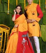 Aguner porosmoni- diya applique saree & kurta cotton couple set