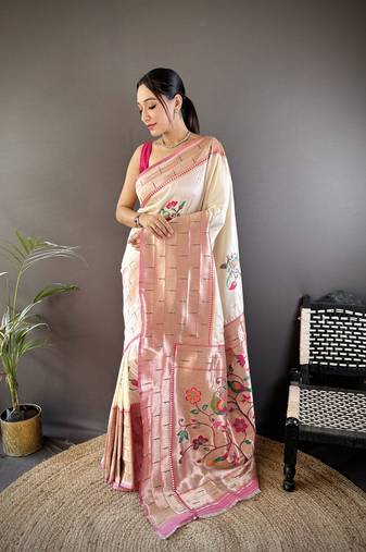 Faux banarasi silk heavy saree with nice & designer look rosegold jari pallu