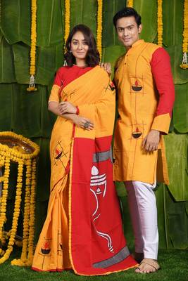 Aguner porosmoni- diya applique saree & kurta cotton couple set 3