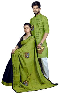Green ektara applique saree & kurta cotton couple set 1