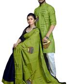 Green ektara applique saree & kurta cotton couple set