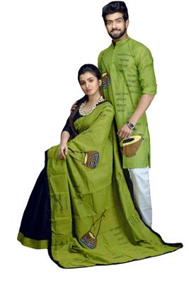 Green ektara applique saree & kurta cotton couple set 3