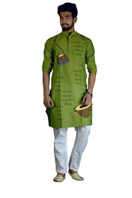 Green ektara applique saree & kurta cotton couple set 4