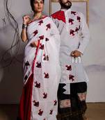 White fish applique saree & kurta cotton couple set