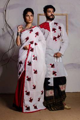White fish applique saree & kurta cotton couple set 2