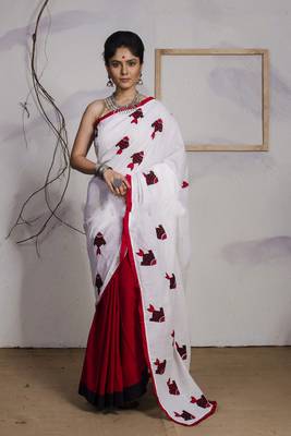 White fish applique saree & kurta cotton couple set 3