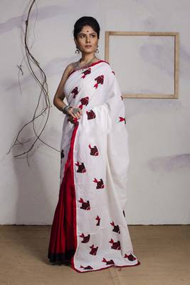 White fish applique saree & kurta cotton couple set 4