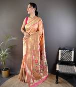 Faux banarasi silk heavy saree with nice & designer look rosegold jari pallu