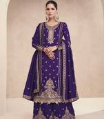 Purple embroidered silk free size stitched palazzo straight.(size Free size full stitched Up To 42")