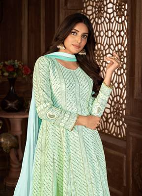 Irresistible Turquoise Faux Georgette Semi Stitched Wedding Women's Salwar Kameez Semi stitched 2