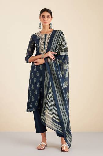 Navy blue printed chanderi embroidery suit set with dori work on neck with pittan technique and mirror work overall