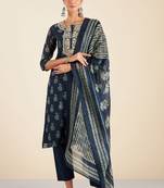 Navy blue printed chanderi embroidery suit set with dori work on neck with pittan technique and mirror work overall