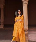 Mustard hand block printed overall straight fit chanderi embroidery gota patti scattered and mirror work overall