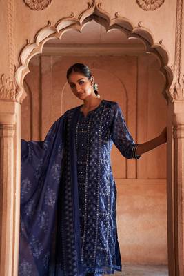 Navy hand block printed overall straight fit chanderi embroidery gota patti scattered and mirror work overall 2