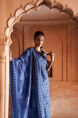 Navy hand block printed overall straight fit chanderi embroidery gota patti scattered and mirror work overall 3