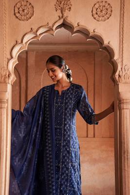 Navy hand block printed overall straight fit chanderi embroidery gota patti scattered and mirror work overall 1