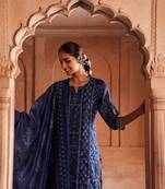 Navy hand block printed overall straight fit chanderi embroidery gota patti scattered and mirror work overall