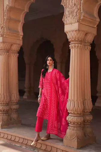 Pink hand block printed overall straight fit chanderi embroidery gota patti scattered and mirror work overall