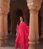 Pink hand block printed overall straight fit chanderi embroidery gota patti scattered and mirror work overall