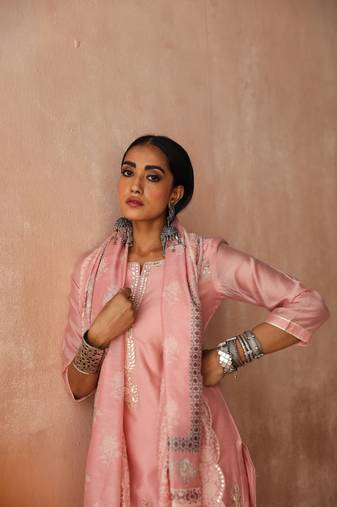 Pastel pink straight fit chanderi kurta set embroidery gota patti on neck and mirror work overall