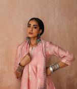 Pastel pink straight fit chanderi kurta set embroidery gota patti on neck and mirror work overall