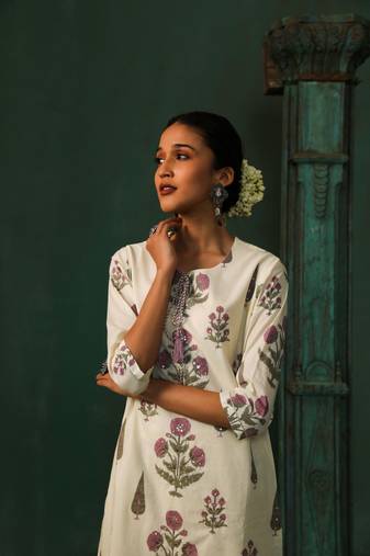 Off white block print cotton  embroidery kurta set with delicate gota patti work on kurta and mirror work overall