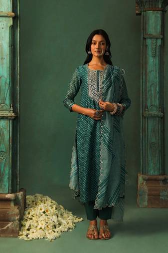 Dark teal chanderi  embroidery suit set withgotta patti work on neck and scalloped dupatta and mirror work overall