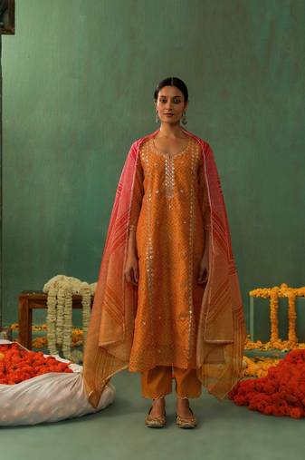 Mustard bandhani chanderi  embroidery suit set with gota patti embroidery on kurta and neck and mirror work overall
