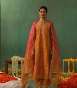 Mustard bandhani chanderi  embroidery suit set with gota patti embroidery on kurta and neck and mirror work overall