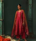 Pink bandhani chanderi  embroidery suit set with gota patti embroidery on kurta and neck and mirror work overall