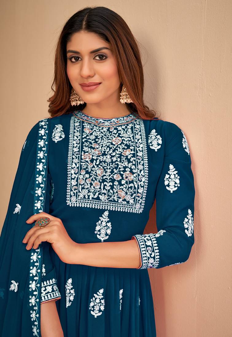 Attractive Teal Blue Faux Georgette Semi Stitched Ethnic Suits Semi stitched