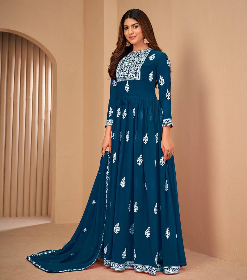 Attractive Teal Blue Faux Georgette Semi Stitched Ethnic Suits Semi stitched