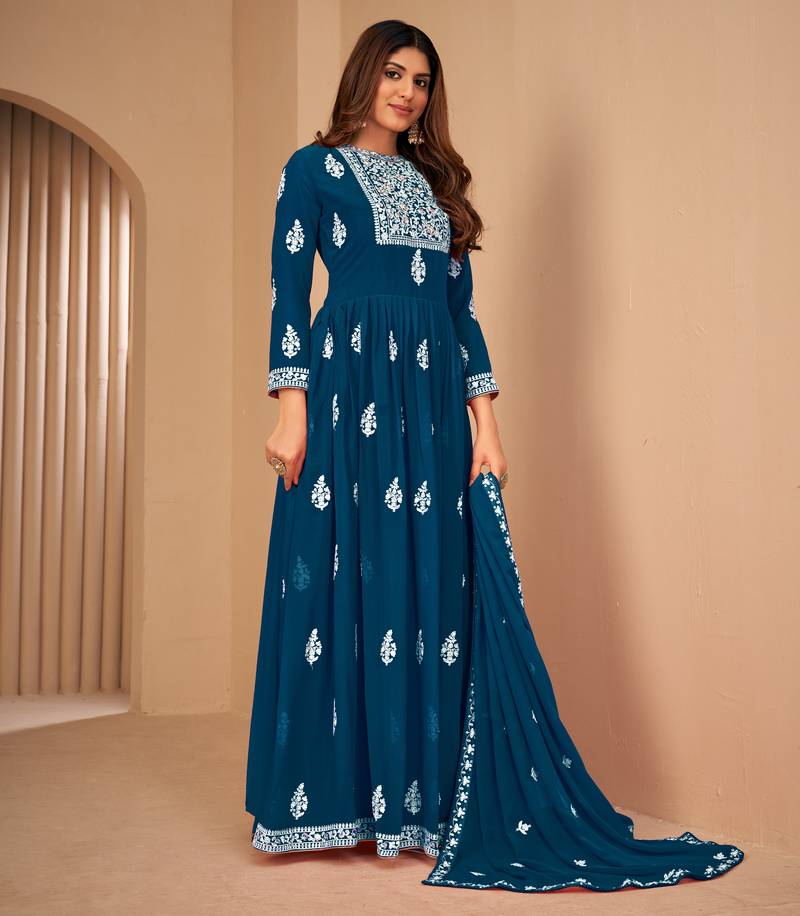 Attractive Teal Blue Faux Georgette Semi Stitched Ethnic Suits Semi stitched