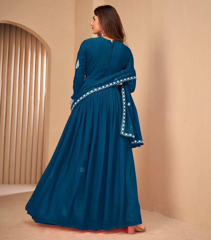 Attractive Teal Blue Faux Georgette Semi Stitched Ethnic Suits Semi stitched