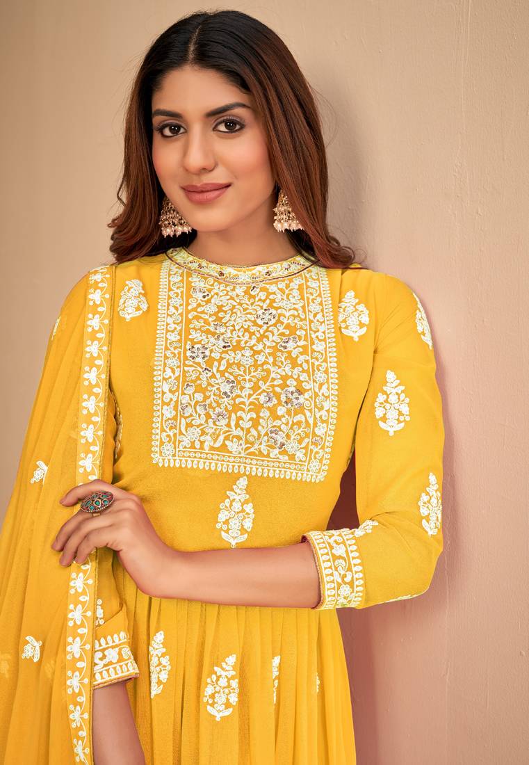 Captivating Yellow Faux Georgette Semi Stitched Wedding Women's Salwar Kameez Semi stitched