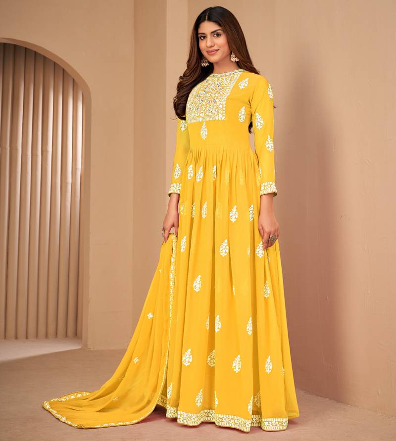 Captivating Yellow Faux Georgette Semi Stitched Wedding Women's Salwar Kameez Semi stitched