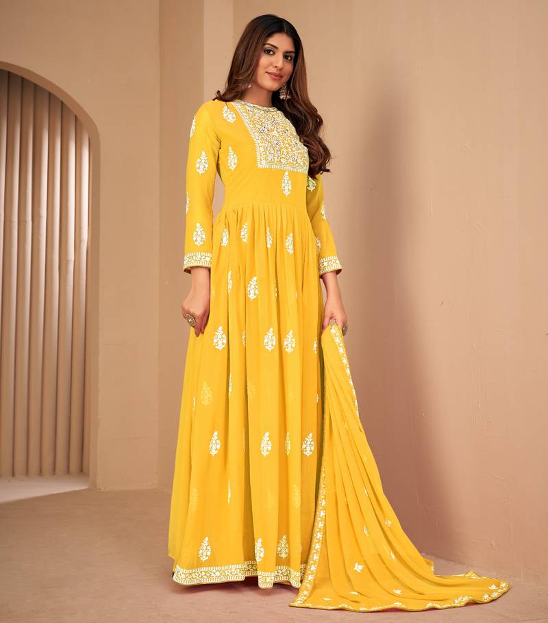 Captivating Yellow Faux Georgette Semi Stitched Wedding Women's Salwar Kameez Semi stitched
