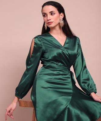Green isla satin wrap dress 1