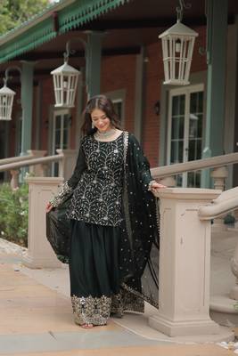 GREEN DESIGNER READYMADE KURTI-PLAZOO-DUPATTA WITH EMBROIDERED WORK 4