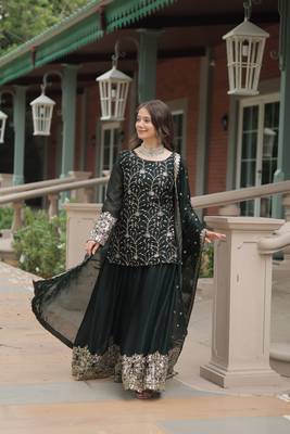 GREEN DESIGNER READYMADE KURTI-PLAZOO-DUPATTA WITH EMBROIDERED WORK 1