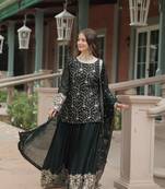 GREEN DESIGNER READYMADE KURTI-PLAZOO-DUPATTA WITH EMBROIDERED WORK