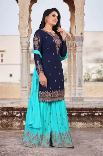 Enthralling Blue Faux Georgette Semi Stitched Festive Women's Salwar Suits Semi stitched