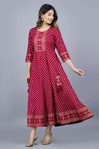 Maroon royan printed anarkali kurti