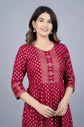 Maroon royan printed anarkali kurti